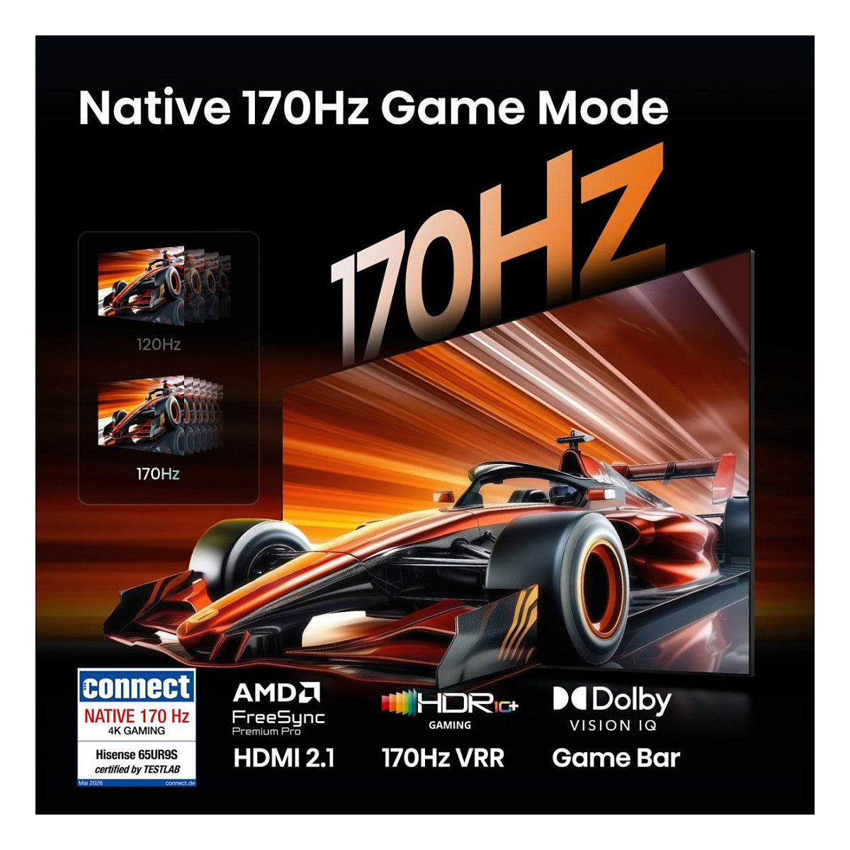 164,0cm/65" (3840x2160) Hisense 65UR9DS Smart TV 4K RGB MiniLED 6ms 170Hz HDMI USB-C LAN HDR VESA WiFi Bluetooth Black/Grey