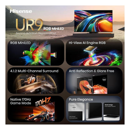 164,0cm/65" (3840x2160) Hisense 65UR9DS Smart TV 4K RGB MiniLED 6ms 170Hz HDMI USB-C LAN HDR VESA WiFi Bluetooth Black/Grey