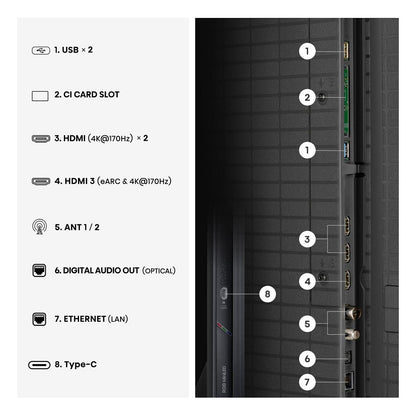 164,0cm/65" (3840x2160) Hisense 65UR9DS Smart TV 4K RGB MiniLED 6ms 170Hz HDMI USB-C LAN HDR VESA WiFi Bluetooth Black/Grey
