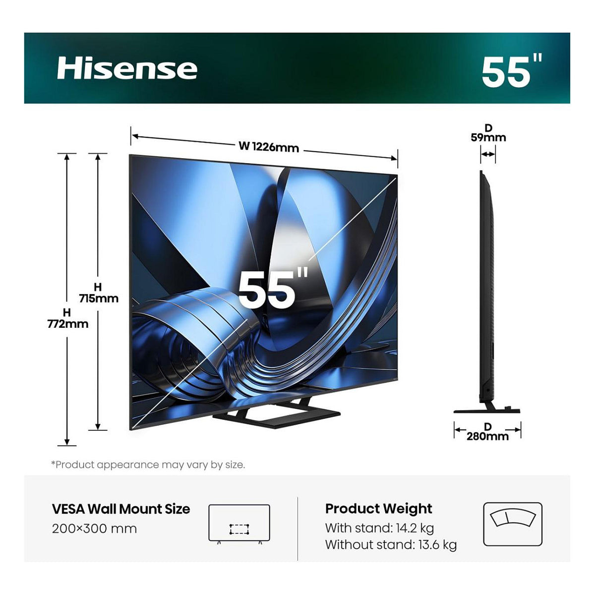 139,0cm/55" (3840x2160) Hisense 55U7SE Smart TV 4K ULED MiniLED 6ms 144Hz HDMI USB LAN HDR VESA WiFi Bluetooth Black