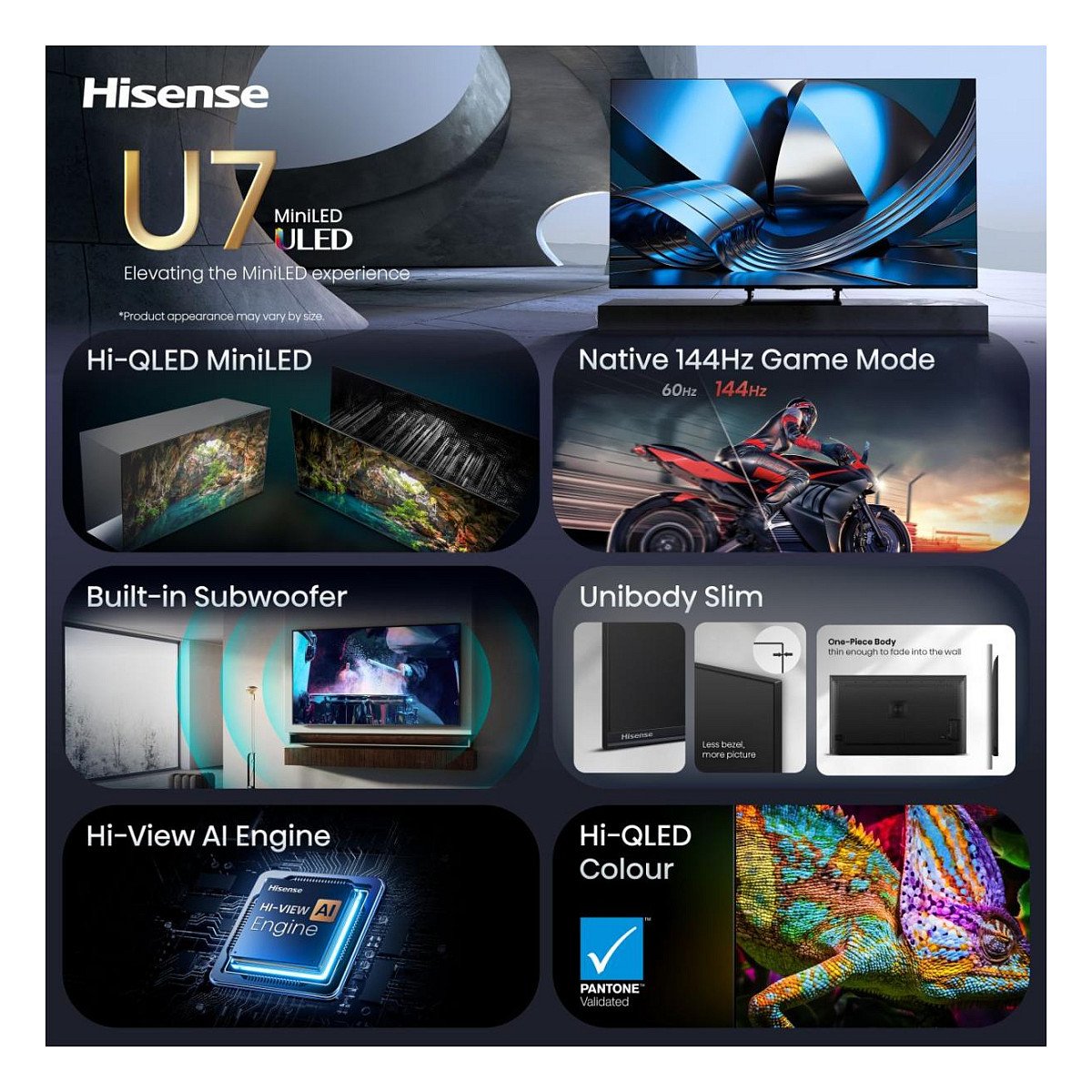 139,0cm/55" (3840x2160) Hisense 55U7SE Smart TV 4K ULED MiniLED 6ms 144Hz HDMI USB LAN HDR VESA WiFi Bluetooth Black