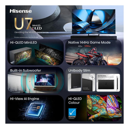 139,0cm/55" (3840x2160) Hisense 55U7SE Smart TV 4K ULED MiniLED 6ms 144Hz HDMI USB LAN HDR VESA WiFi Bluetooth Black