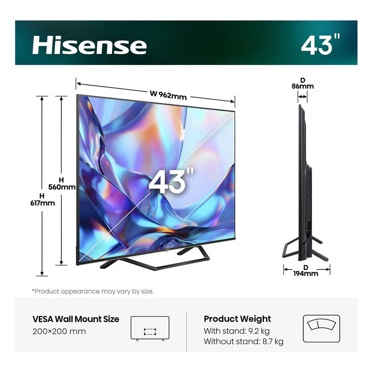 108,0cm/43" (3840x2160) Hisense 43A7DS Smart TV 4K Hi-QLED 8ms 60Hz HDMI USB LAN HDR VESA WiFi Bluetooth Black