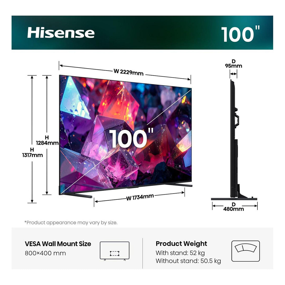 253,0cm/100" (3840x2160) Hisense 100Q7S PRO Smart TV 4K Hi-QLED 6ms 144Hz HDMI USB LAN HDR VESA WiFi Bluetooth Black/Grey