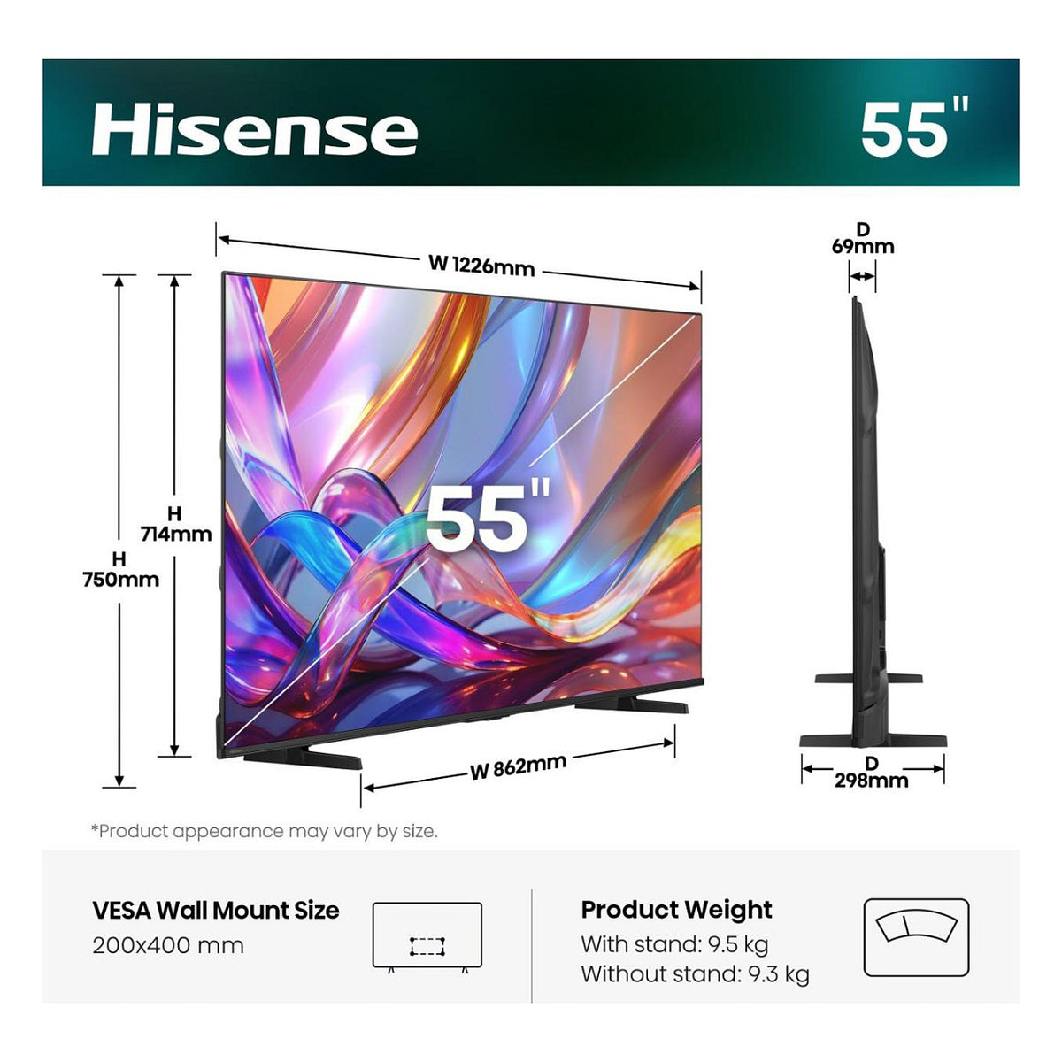 139,0cm/55" (3840x2160) Hisense 55E7S Smart TV 4K Hi-QLED 8ms 60Hz HDMI USB LAN HDR VESA WiFi Bluetooth Black