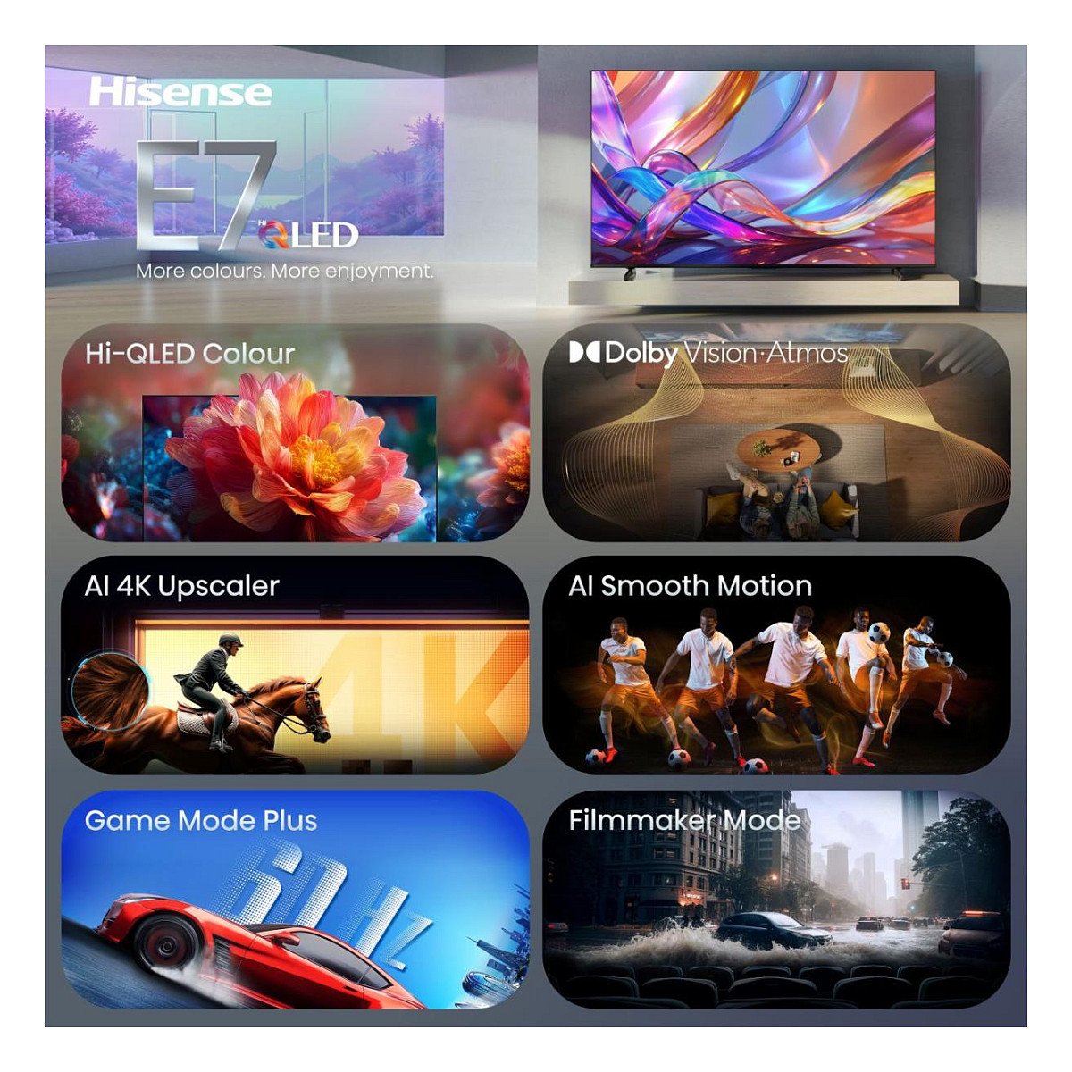 139,0cm/55" (3840x2160) Hisense 55E7S Smart TV 4K Hi-QLED 8ms 60Hz HDMI USB LAN HDR VESA WiFi Bluetooth Black