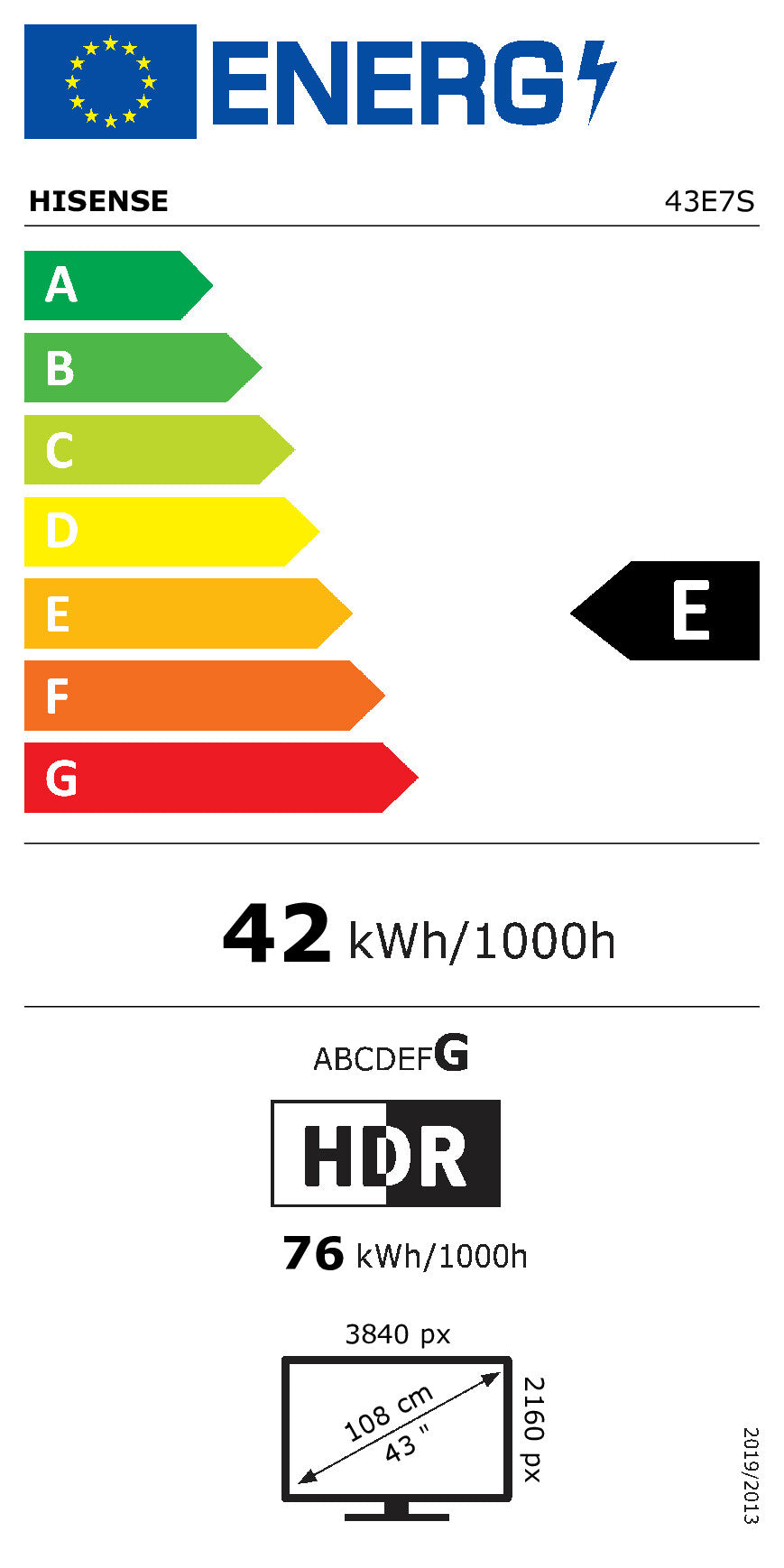108,0cm/43" (3840x2160) Hisense 43E7S Smart TV 4K Hi-QLED 8ms 60Hz HDMI USB LAN HDR VESA WiFi Bluetooth Black