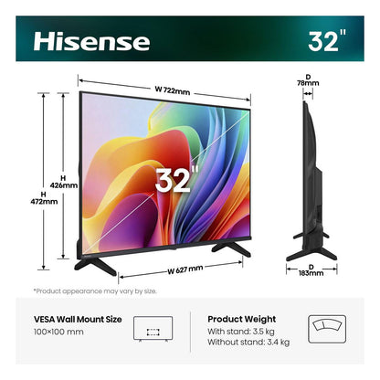 80,0cm/32" (1366x768) Hisense 32A49S Smart TV HD DLED 8,5ms 60Hz HDMI USB LAN HDR VESA WiFi Black