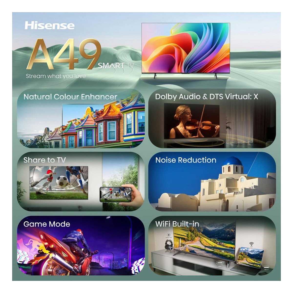 80,0cm/32" (1366x768) Hisense 32A49S Smart TV HD DLED 8,5ms 60Hz HDMI USB LAN HDR VESA WiFi Black