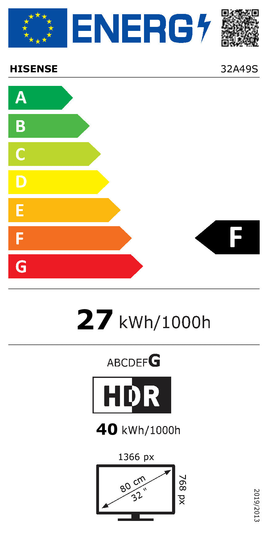 80,0cm/32" (1366x768) Hisense 32A49S Smart TV HD DLED 8,5ms 60Hz HDMI USB LAN HDR VESA WiFi Black