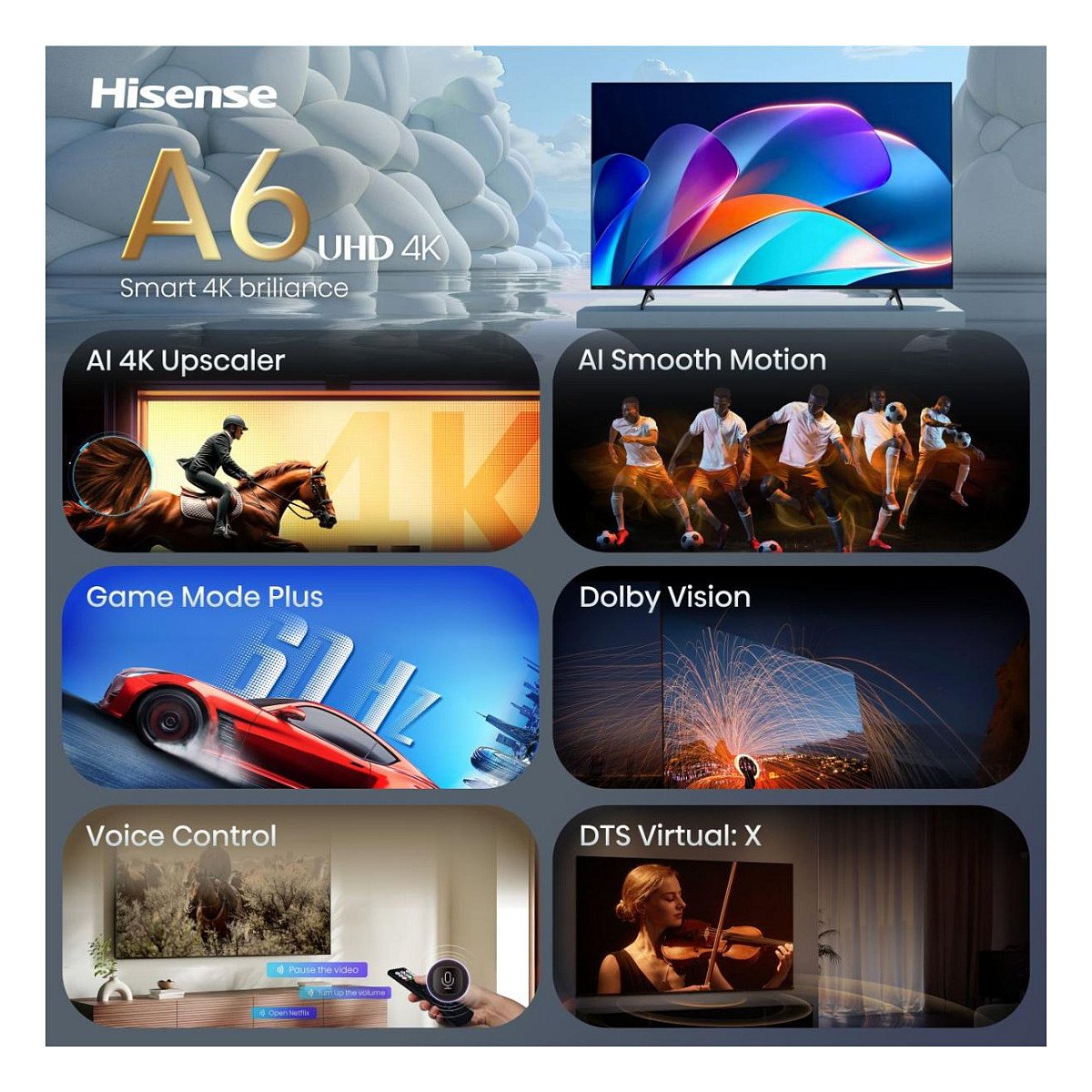 139,0cm/55" (3840x2160) Hisense 55A6S Smart TV 4K UHD 8ms 60Hz HDMI USB LAN HDR VESA WiFi Bluetooth Black/Grey