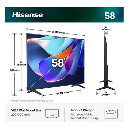 146,0cm/58" (3840x2160) Hisense 58A6S Smart TV 4K UHD 8ms 60Hz HDMI USB HDR WiFi Bluetooth Black/Grey