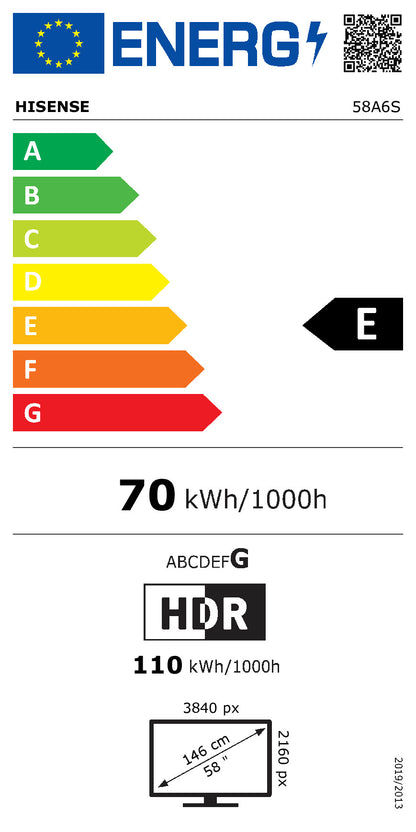 146,0cm/58" (3840x2160) Hisense 58A6S Smart TV 4K UHD 8ms 60Hz HDMI USB HDR WiFi Bluetooth Black/Grey