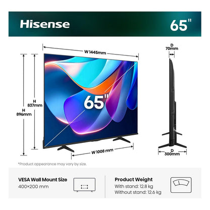 164,0cm/65" (3840x2160) Hisense 65A6S Smart TV 4K UHD 8ms 60Hz HDMI USB HDR WiFi Bluetooth Black/Grey