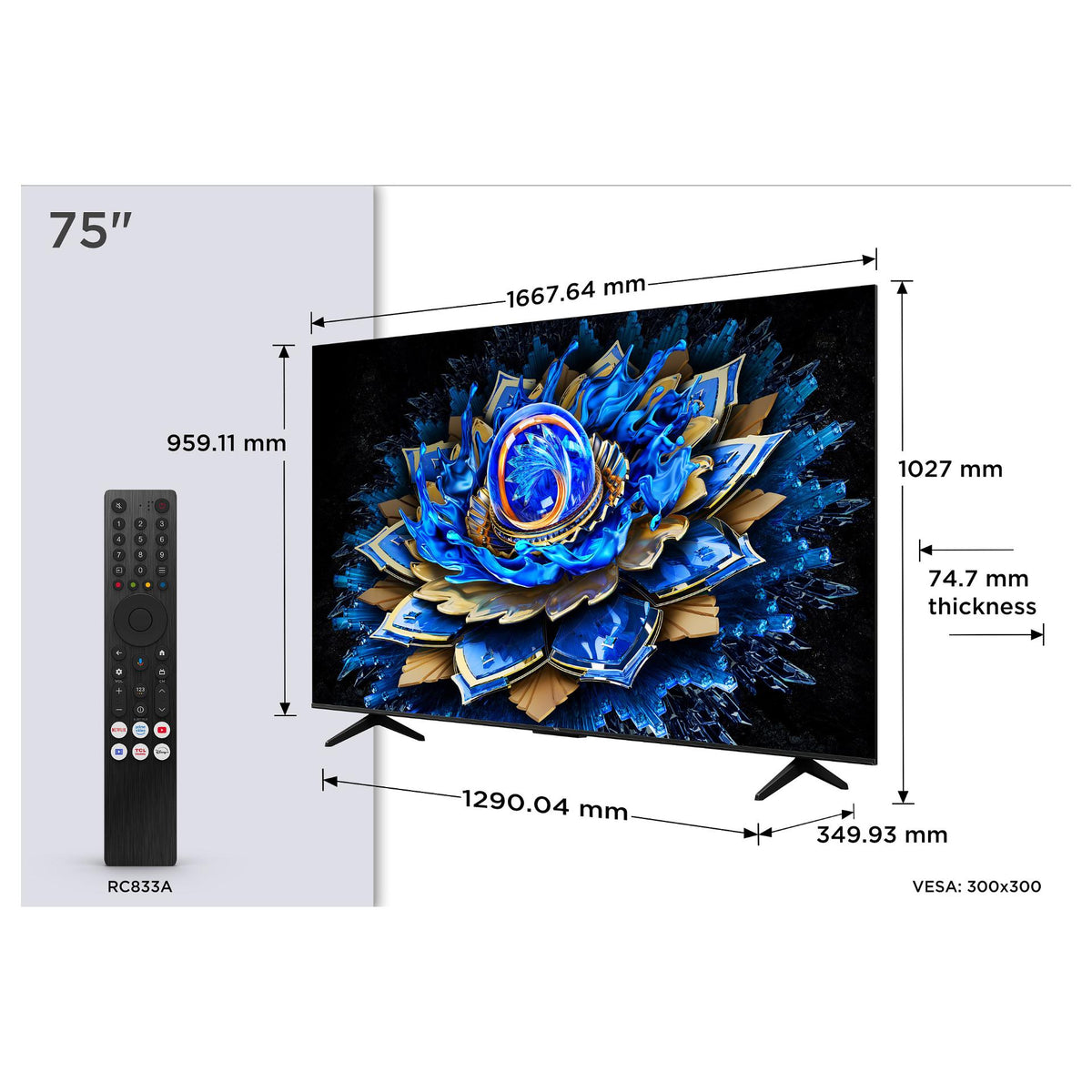 190,5cm/75" TCL 75T6C QLED TV 4K UHD HVA HDR10+ Dolby Vision HDMI 2.1 Google TV