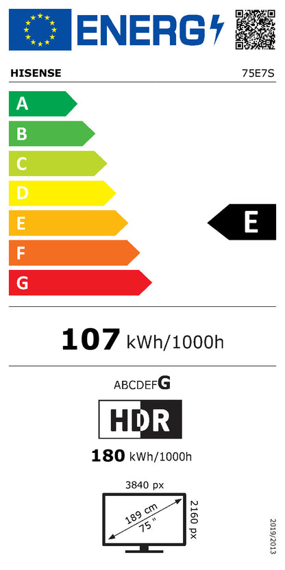 189,0cm/75" (3840x2160) Hisense 75E7S Smart TV 4K Hi-QLED 10ms 60Hz HDMI USB HDR WiFi Bluetooth Black