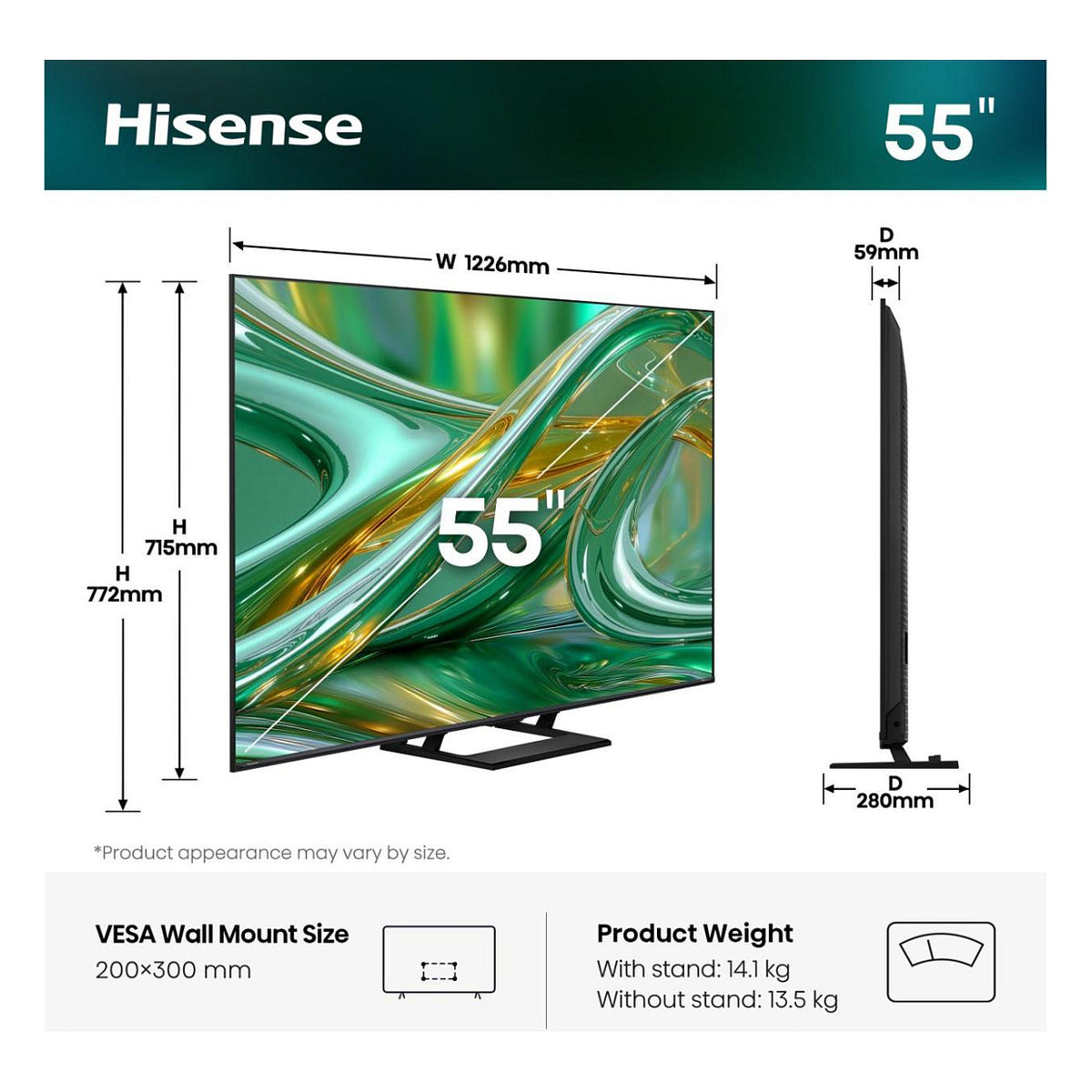139,0cm/55" (3840x2160) Hisense 55E8S Smart TV 4K ULED 6ms 144Hz HDMI USB HDR WiFi Bluetooth Black/Grey