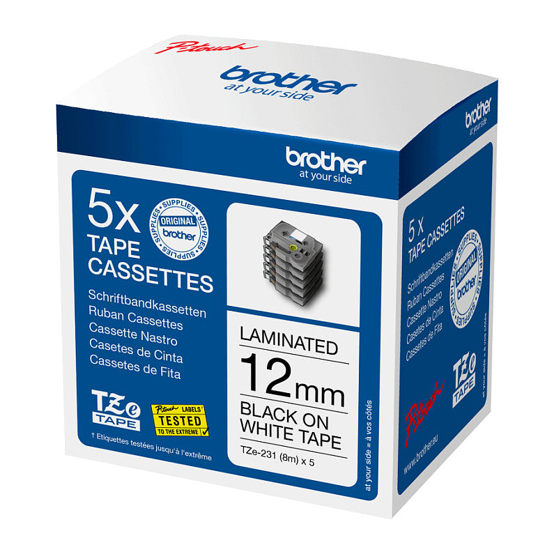 Schriftbandkassette Brother 12mmx8m weiß/schwarz (5er Pack)