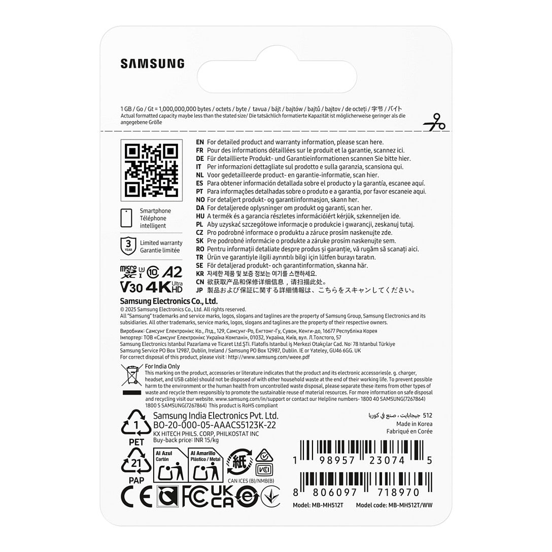 CARD SAMSUNG T9 microSD Speicherkarte 512GB bis zu 200 MB/s Lesen und 130 MB/s Schreiben MB-MH512T/WW