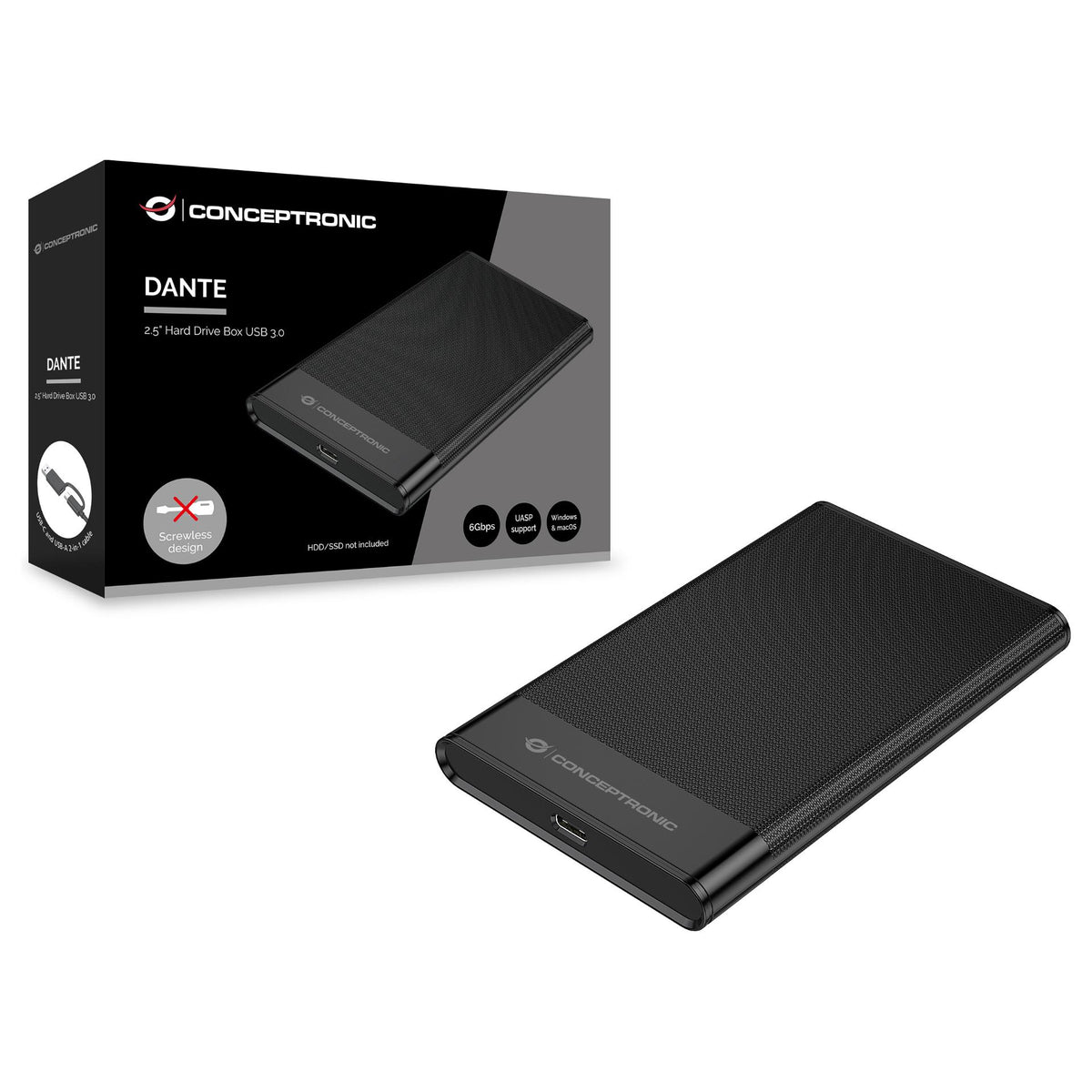 2,5" CONCEPTRONIC HDD Gehäuse SATA HDD/SSD USB-A/C 6Gbs sw
