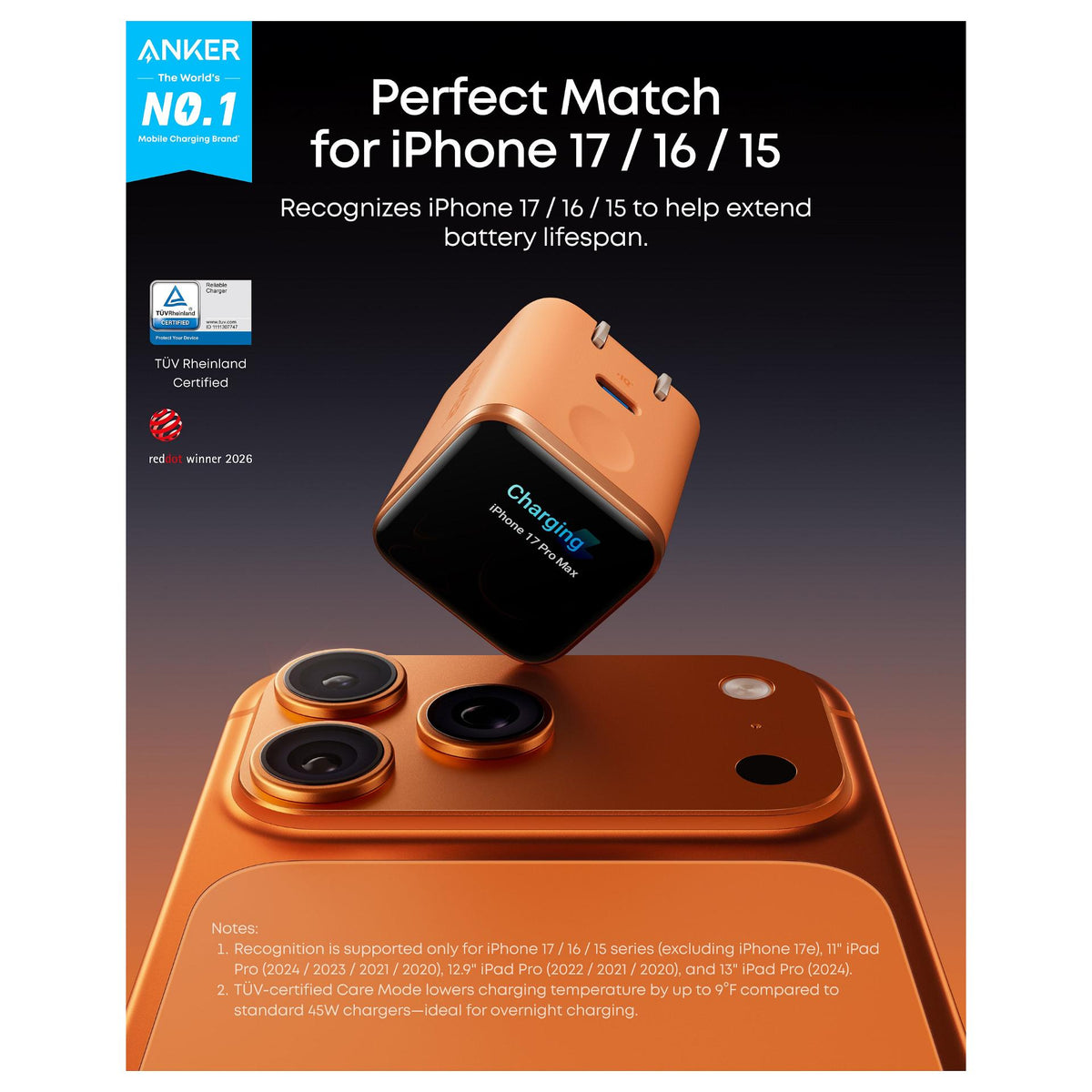 ANKER Nano Charger 45W GaN Ladegert 1x USB-C ActiveShield 5.0 Touchsensor iPhone Erkennung SmartDisplay orange
