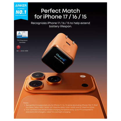 ANKER Nano Charger 45W GaN Ladegert 1x USB-C ActiveShield 5.0 Touchsensor iPhone Erkennung SmartDisplay orange