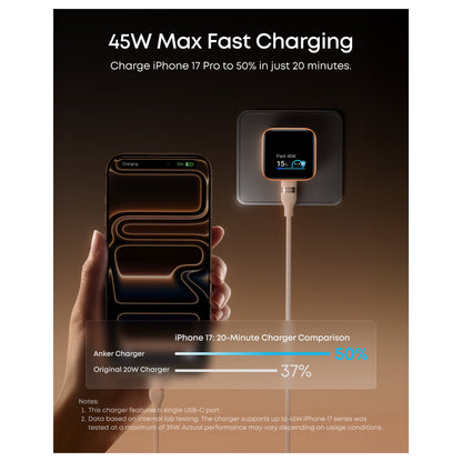 ANKER Nano Charger 45W GaN Ladegert 1x USB-C ActiveShield 5.0 Touchsensor iPhone Erkennung SmartDisplay orange