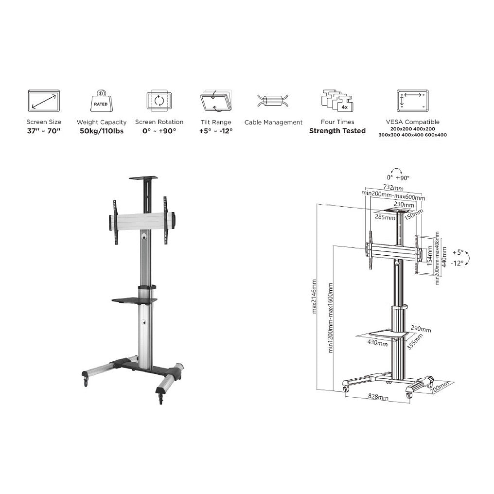 EQUIP 650602 TV Wagen Min. 94 cm (37") Max. 177,8 cm (70") Max. VESA 600 x 400 mm 50 kg Schwarz, Weiß