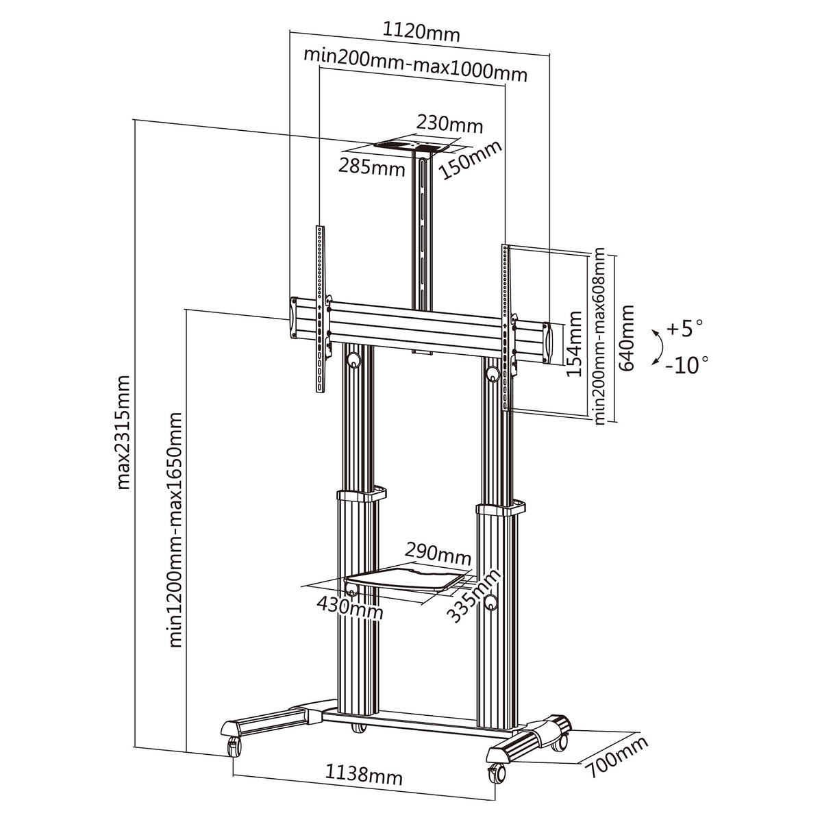 EQUIP 650605 TV Wagen Min. 152,4 cm (60") Max. 2,54 m (100") Max. VESA 1000 x 600 mm 100 kg Aluminium