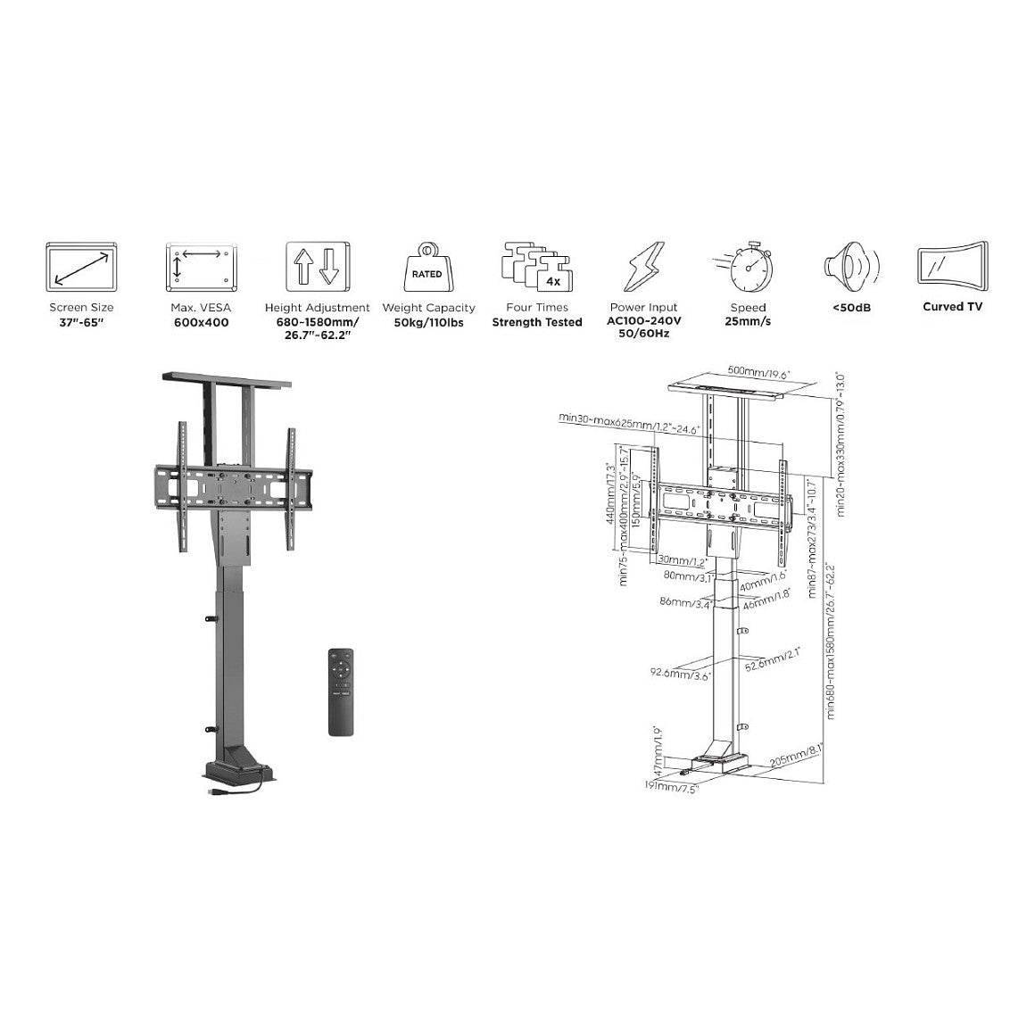 EQUIP 650606 TV Lift Min. 94 cm (37") Max. 165,1 cm (65") Max. VESA 600 x 400 mm 50 kg Schwarz