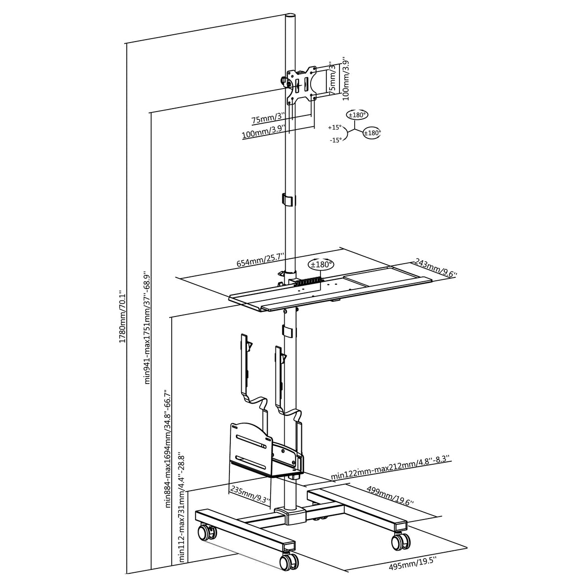 EQUIP 650171 Multimedia-Wagen Min. 43,2 cm (17") Max. 81,3 cm (32") Max. VESA 100 x 100 8 kg Schwarz