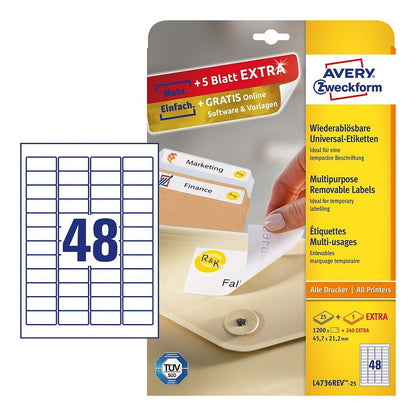 AVERY Zweckform Etiketten L4736REV-25 weiß 45,7 x 21,2 mm - 1.440 Stück