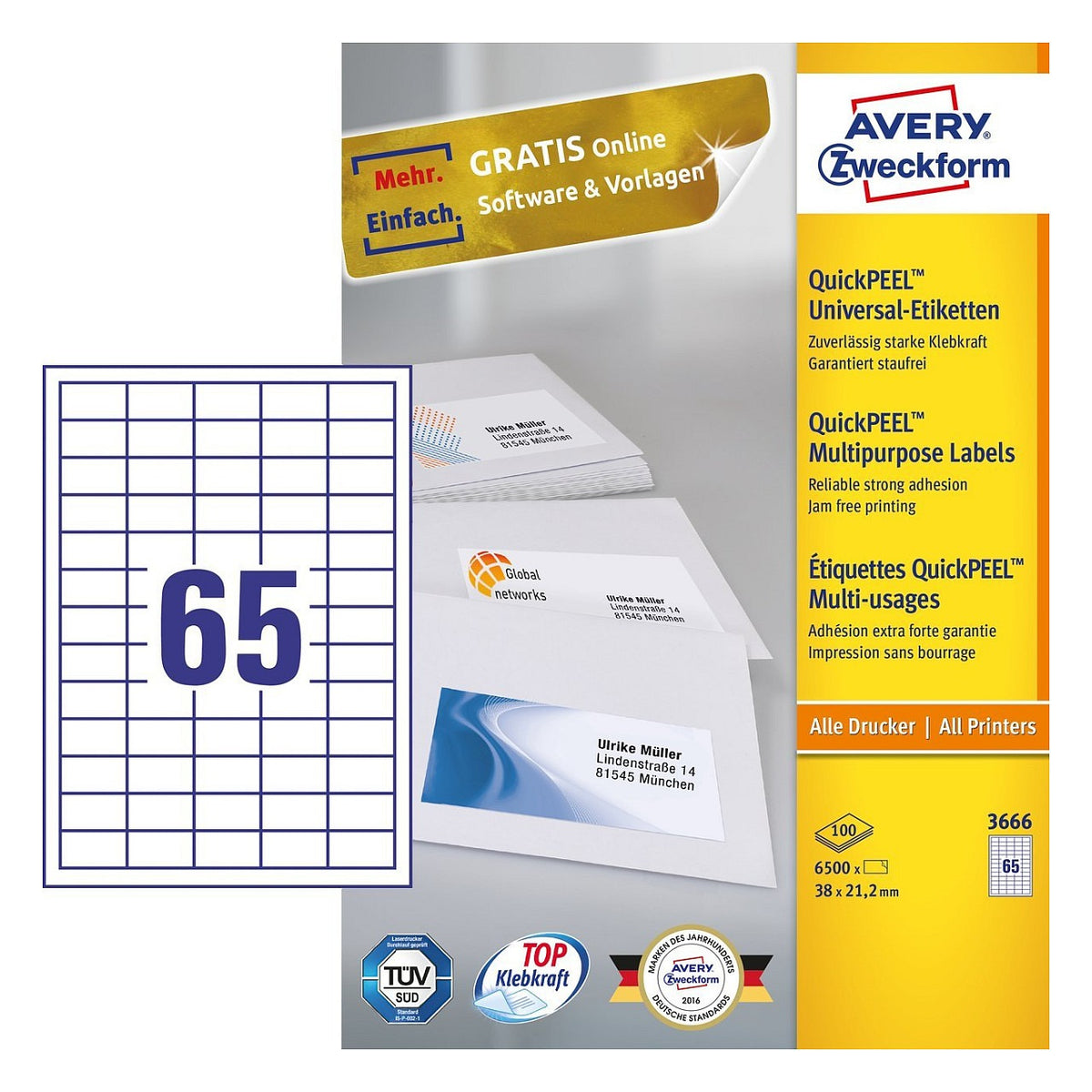 AVERY Zweckform Etiketten 3666 weiß 38,0 x 21,2 mm - 6.500 Stück