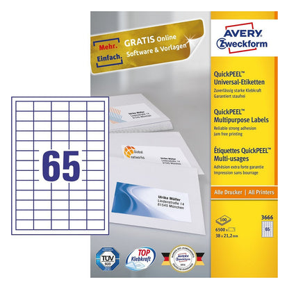 AVERY Zweckform Etiketten 3666 weiß 38,0 x 21,2 mm - 6.500 Stück