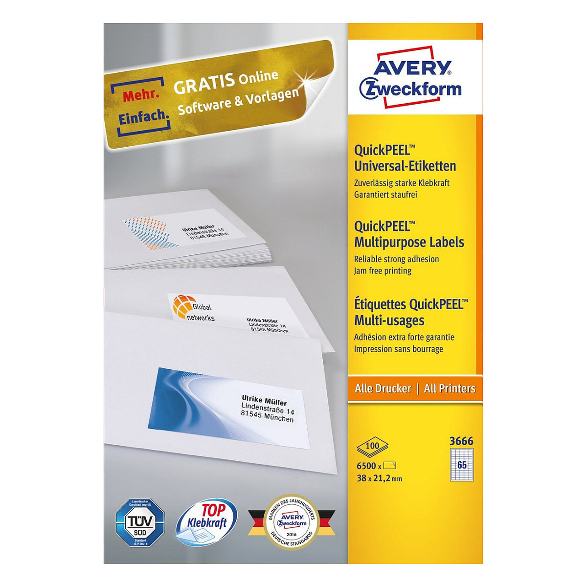 AVERY Zweckform Etiketten 3666 weiß 38,0 x 21,2 mm - 6.500 Stück