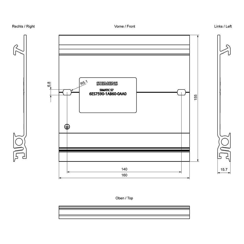 Siemens 6ES75901AB600AA0 SIMATIC S7-1500 Profilschiene 160mm inkl.Erdungsschraube