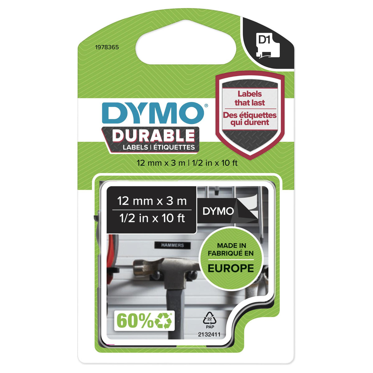 Dymo D1 Vinylband High Perf. 12 mm x 3 m wei auf schwarz
