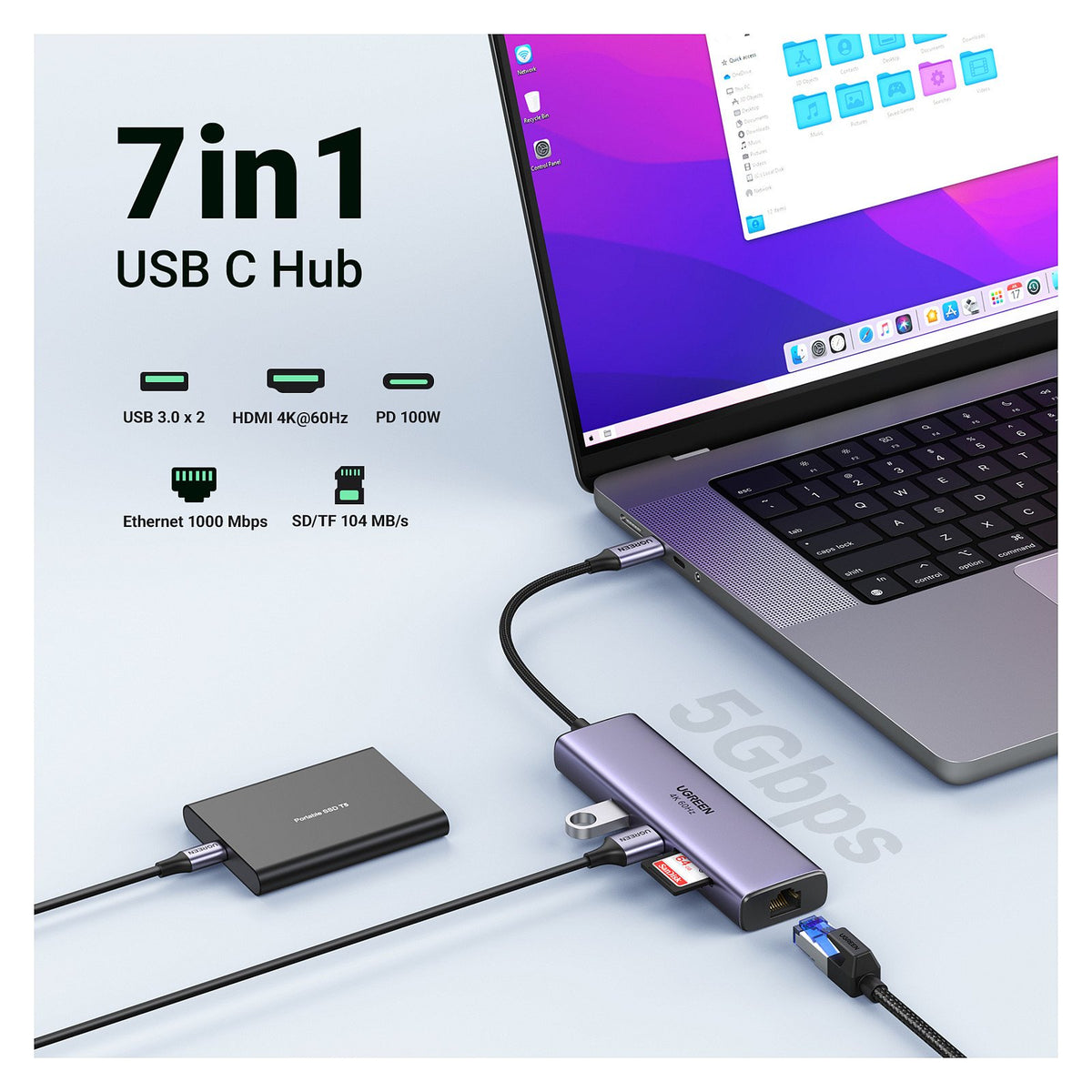 UGREEN Adaptateur Multiport 7-en-1 4K HDMI vers USB C *60515