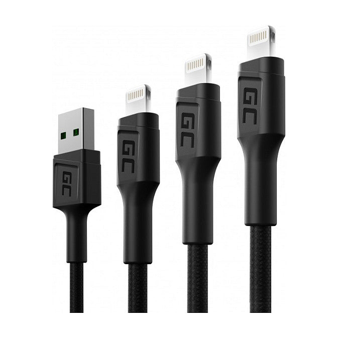 Greencell 3x USB Lightning Cable 30 / 120 / 200cm White LED Quick Charge