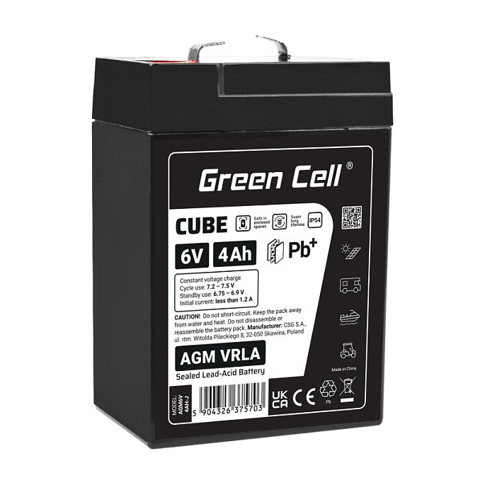 Green Cell Cube AGM VRLA IP54 6V 4Ah maintenance-free battery for toy cash register alarm system