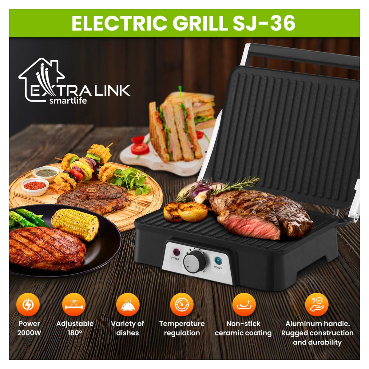 Extralink Smart Life Electric Grill SJ-36, 2000W, Electric Grill with Temperature Control