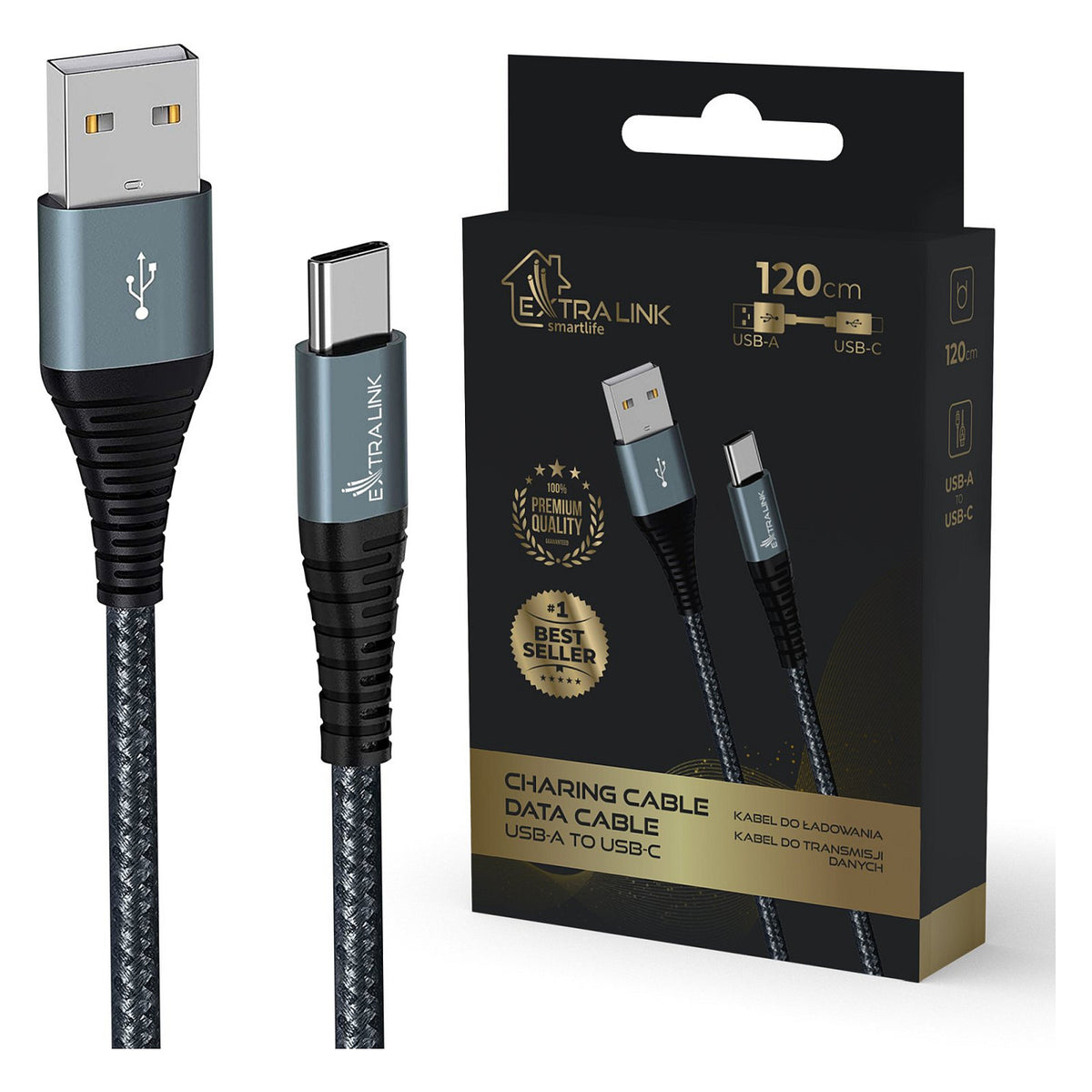 Extralink SMART LIFE CABLE 15W USB-A TO USB-C 120CM NYLON BRAIDED 5V 2.4A/3A BLACK