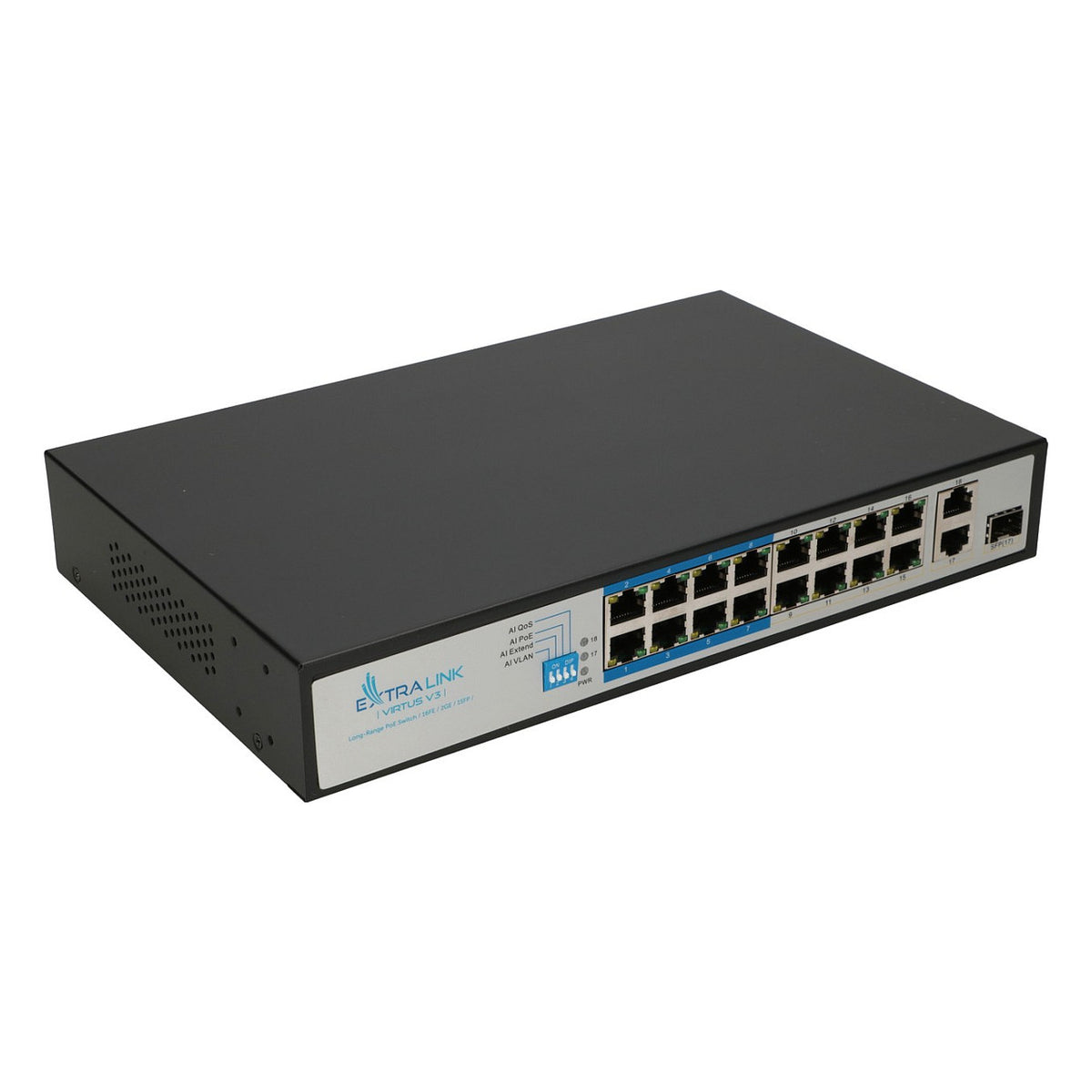 Extralink VIRTUS V3 | PoE Switch | 16x 100Mb/s PoE/PoE+, 2x Gigabit RJ45 + 1x SFP, 150W