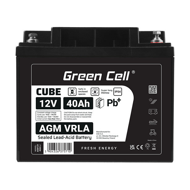 Green Cell CUBE AGM IP54 battery 12V 40Ah VRLA fleece maintenance-free lead battery for camper van t