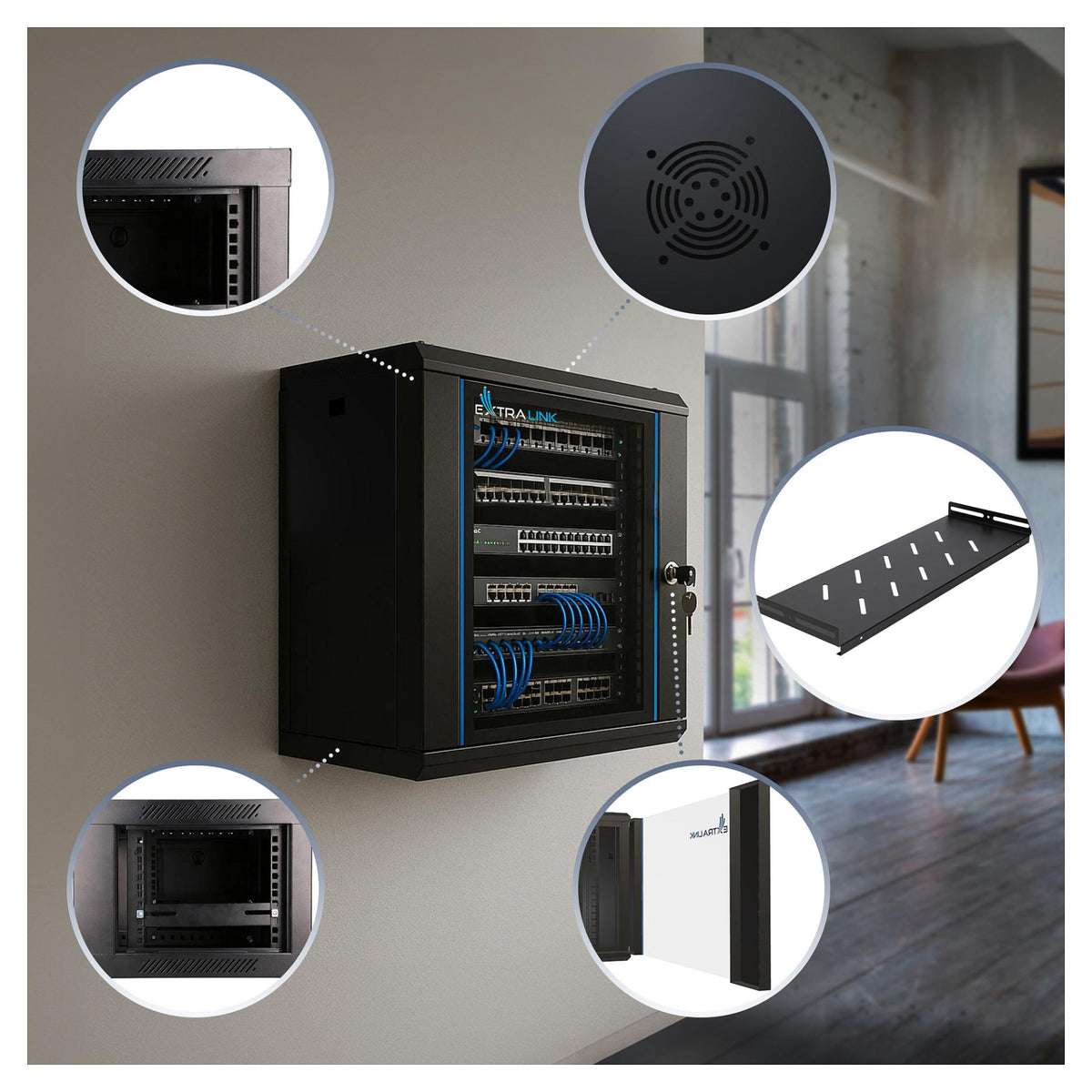 EXTRALINK LITE 9U 530X400 WALL-MOUNTED RACKMOUNT CABINET BLACK WITH SHELF