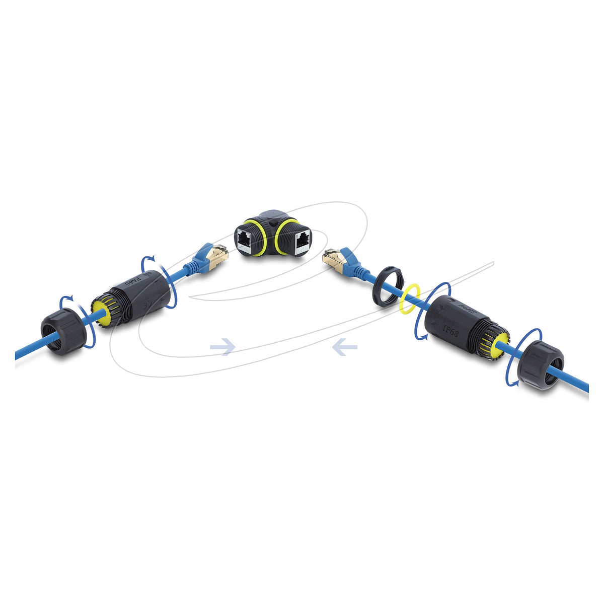 Kabelverbinder RJ45 Buchse zu RJ45 Buchse Cat.6 mit M23 x 1,5 mm Gewinde 90° gewinkelt IP68 staub- und wasserdicht schwarz