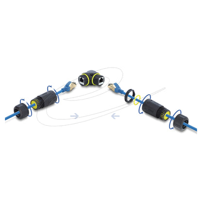 Kabelverbinder RJ45 Buchse zu RJ45 Buchse Cat.6 mit M23 x 1,5 mm Gewinde 90° gewinkelt IP68 staub- und wasserdicht schwarz