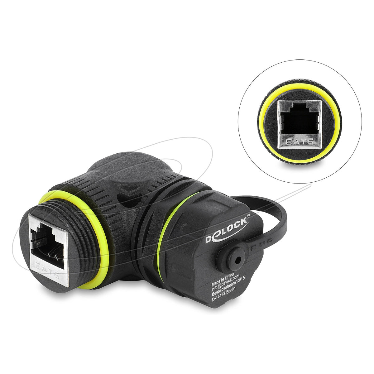 Kabelverbinder RJ45 Buchse zu RJ45 Buchse Cat.6 mit M23 x 1,5 mm Gewinde und Verschlusskappe 90° gewinkelt IP68 staub- und wasserdicht schwarz