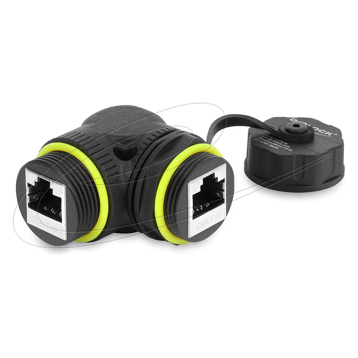 Kabelverbinder RJ45 Buchse zu RJ45 Buchse Cat.6 mit M23 x 1,5 mm Gewinde und Verschlusskappe 90° gewinkelt IP68 staub- und wasserdicht schwarz