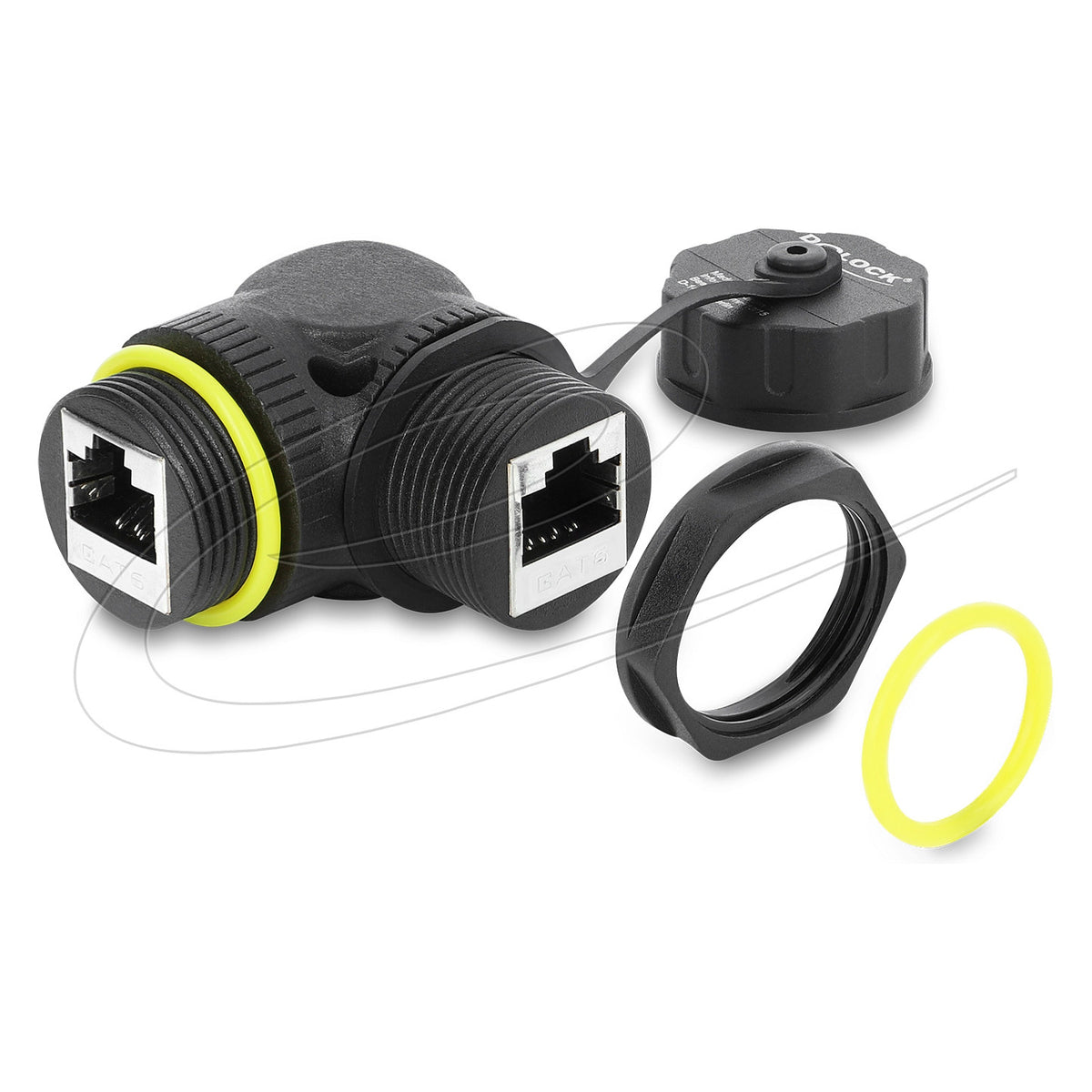 Kabelverbinder RJ45 Buchse zu RJ45 Buchse Cat.6 mit M23 x 1,5 mm Gewinde und Verschlusskappe 90° gewinkelt IP68 staub- und wasserdicht schwarz
